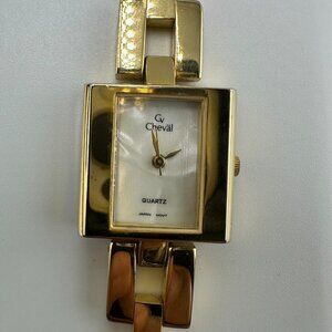 3/$30 Cheval Watch Women Gold Tone White Chunky Link Band New Battery 7.5 Inch